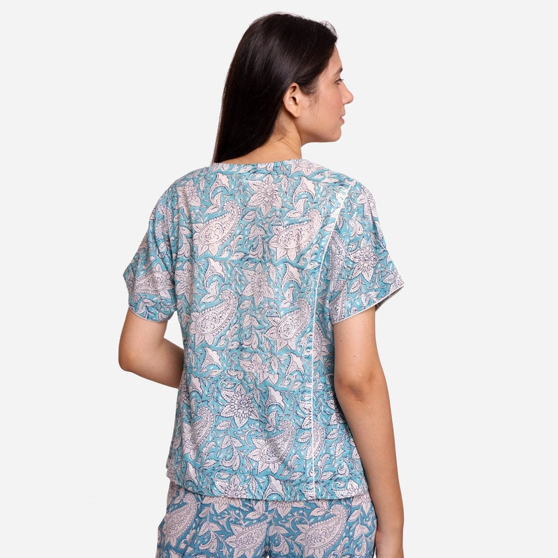 Back View of a Model wearing Turquoise Paisley Cotton Block Print Top