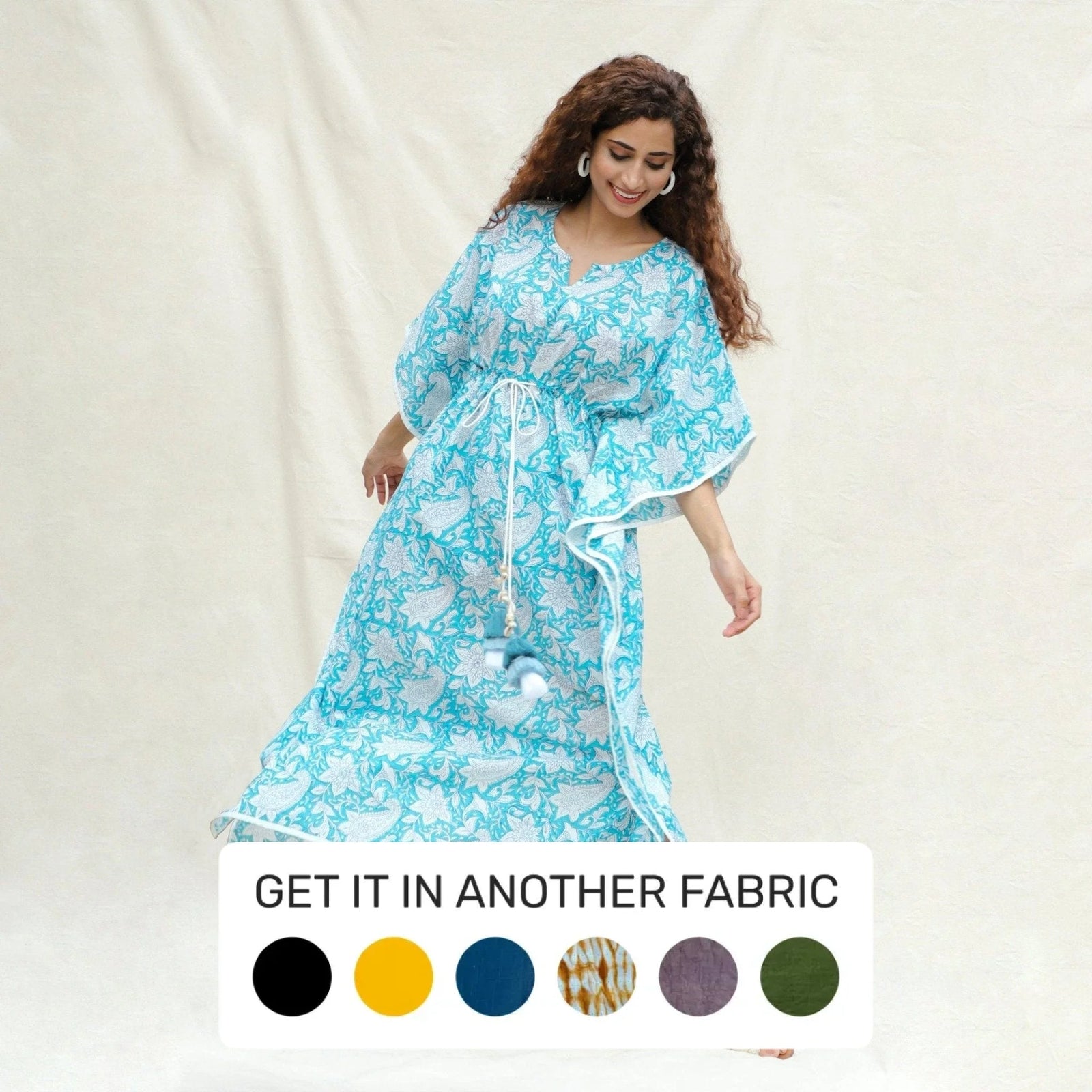 Turquoise Floral Block Printed Cotton Ankle Length Kaftan Dress