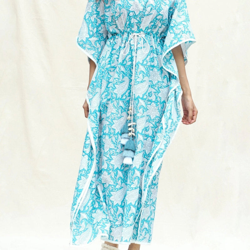 Front Detail of a Model wearing Turquoise Floral Block Printed Cotton Ankle Length Kaftan Dress