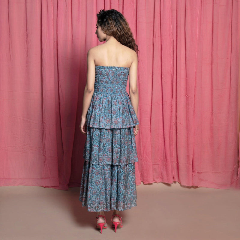 Back View of a Model wearing Twirly Teal Chanderi Cotton Block Print Ankle Length Dress