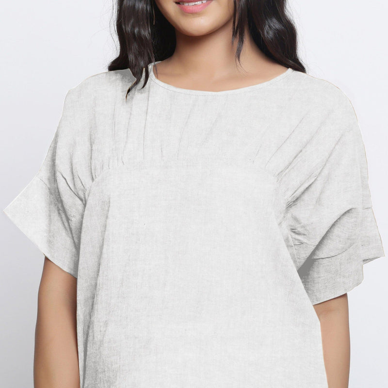 Undyed Cotton Linen Drop Shoulder Sleeves Yoked Top