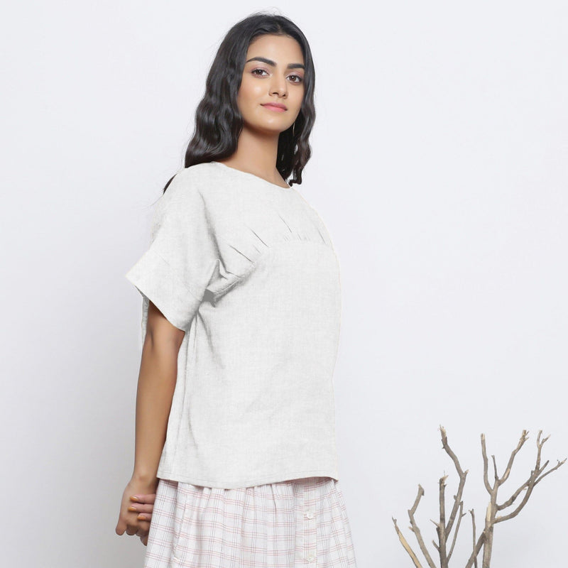 Undyed Cotton Linen Drop Shoulder Sleeves Yoked Top