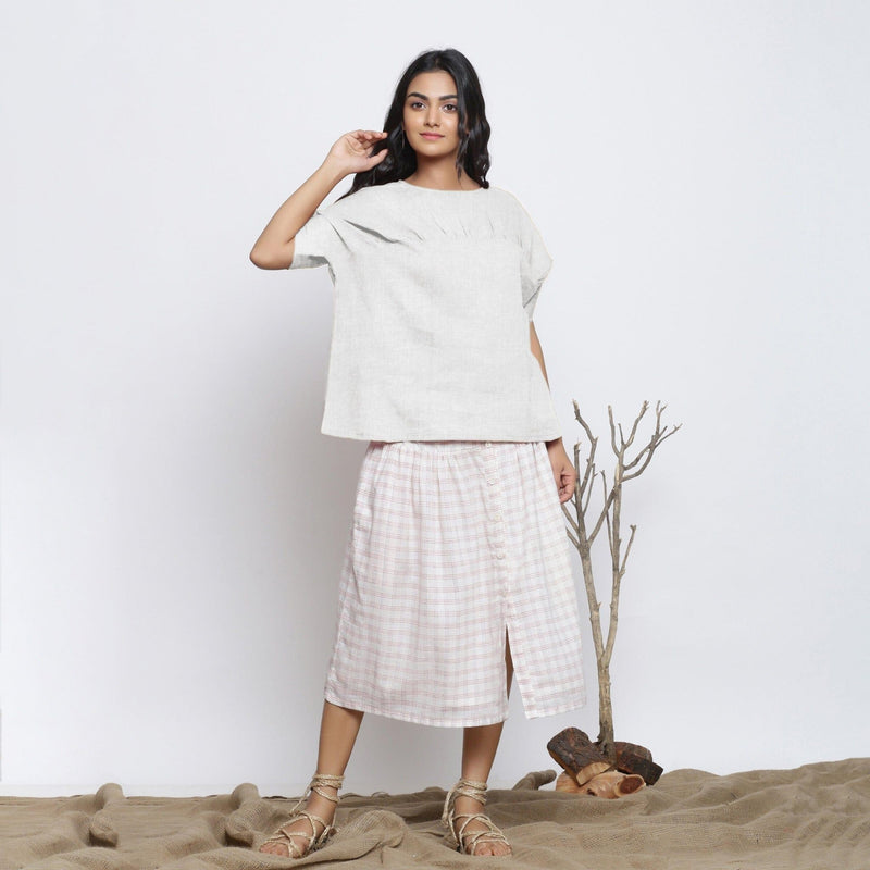 Undyed Cotton Linen Drop Shoulder Sleeves Yoked Top