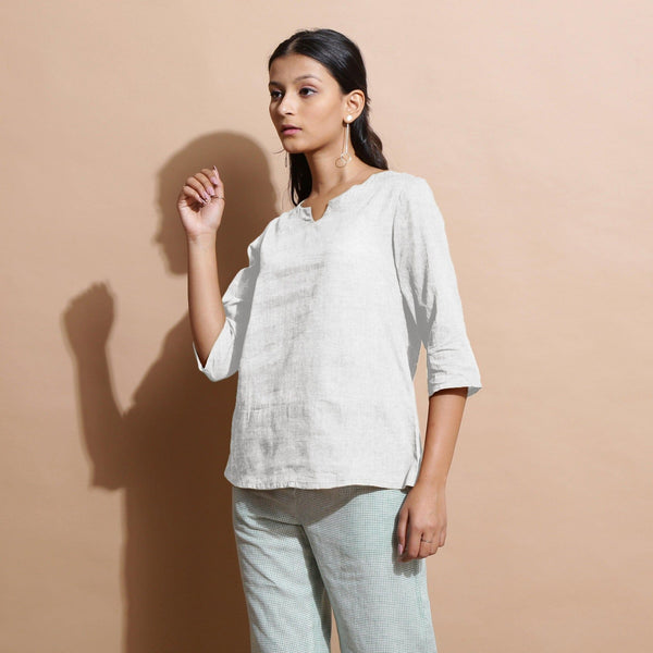 Undyed Cotton Linen Split-Neck Tunic Top