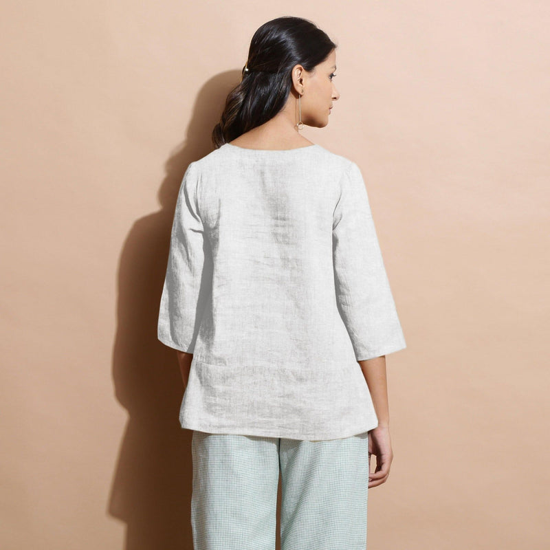 Undyed Cotton Linen Split-Neck Tunic Top
