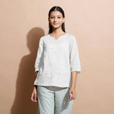Undyed Cotton Linen Split-Neck Tunic Top
