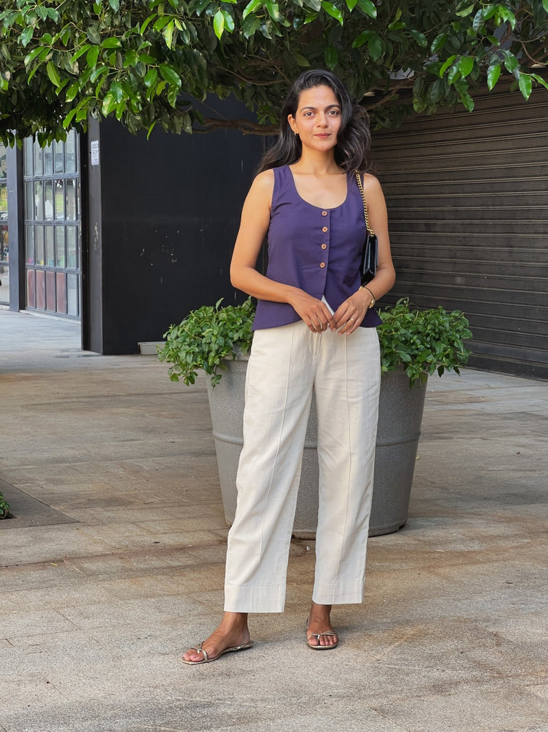 Undyed Ecru Handspun Cotton Half-Elasticated High-Rise Straight Leg Pant