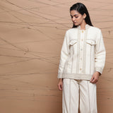 Front View of a Model wearing Undyed Ecru Warm Cotton Muslin Short Jacket