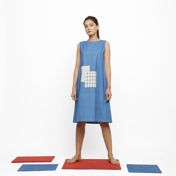 Front View of Model wearing Vegetable Dyed Blue Solid A-Line Dress