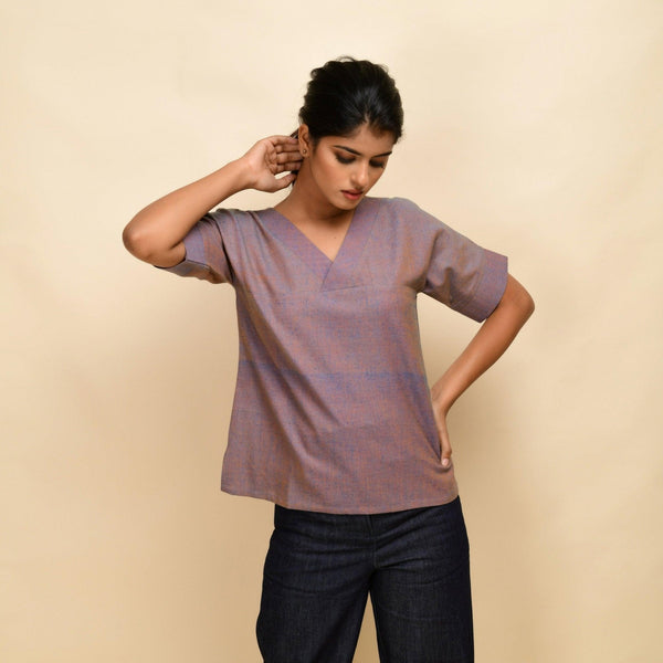 Front View of a Model wearing Vintage Plum 100% Cotton Half-Sleeve Top