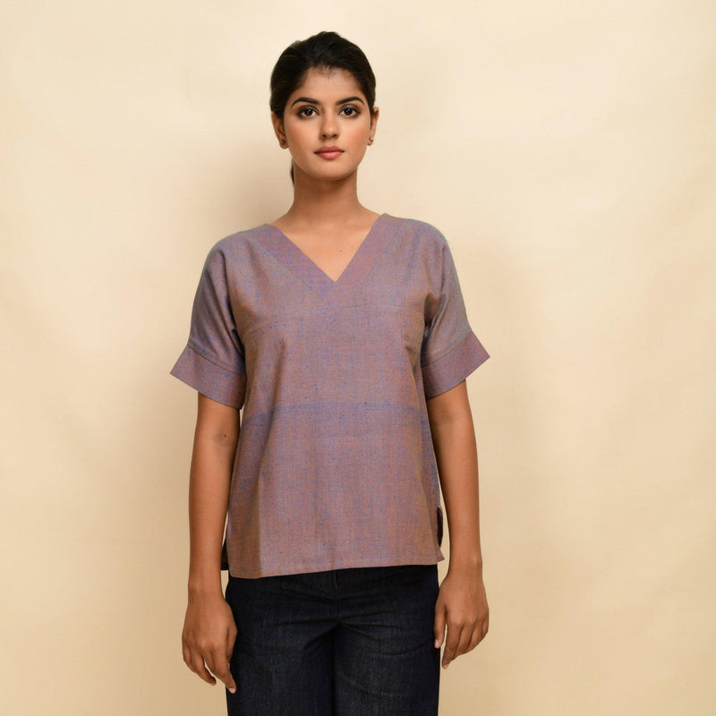 Front View of a Model wearing Vintage Plum 100% Cotton Half-Sleeve Top