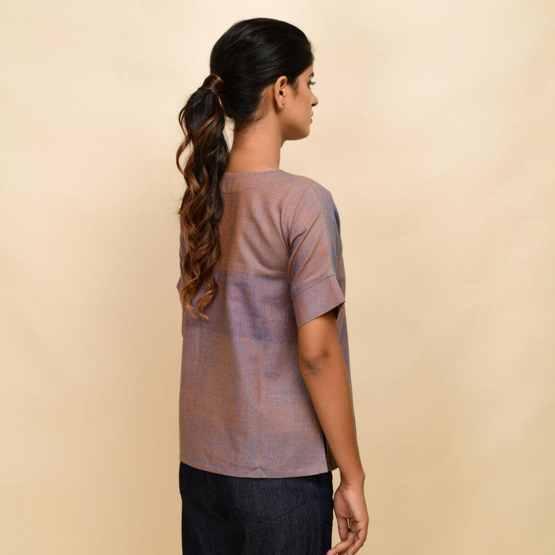 Back View of a Model wearing Vintage Plum 100% Cotton Half-Sleeve Top