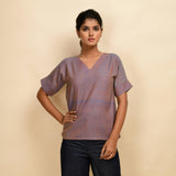 Front View of a Model wearing Vintage Plum 100% Cotton Half-Sleeve Top