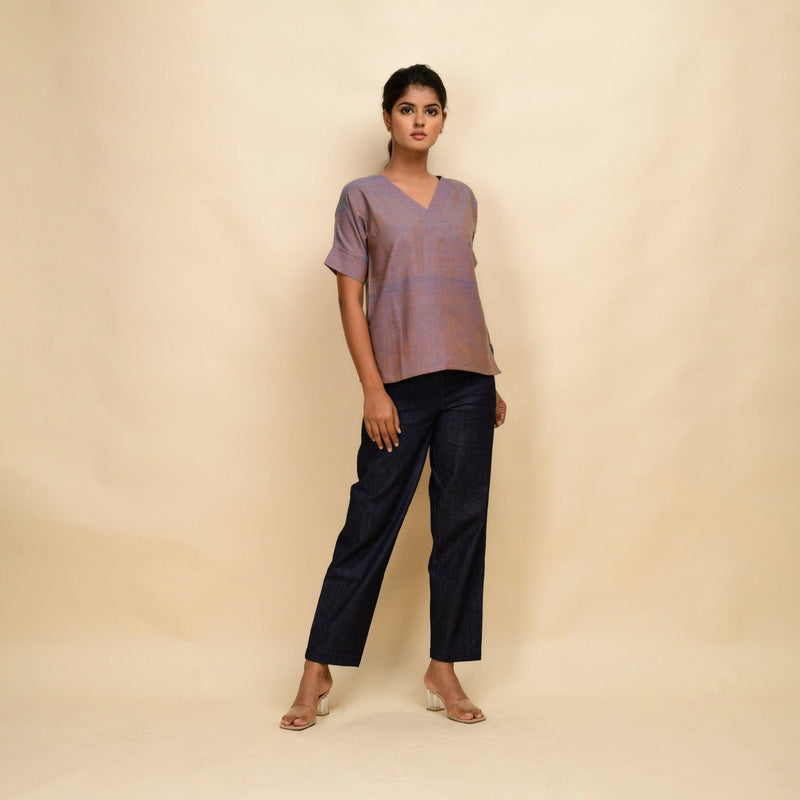 Front View of a Model wearing Vintage Plum 100% Cotton Half-Sleeve Top