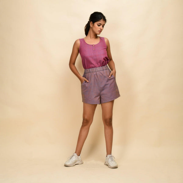 Front View of a Model wearing Vintage Plum 100% Cotton Khadi Short Shorts