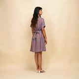 Back View of a Model wearing Vintage Plum 100% Cotton Knee Length Blouson Dress