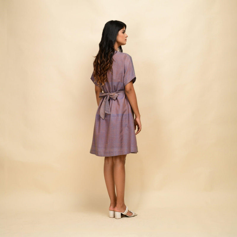 Back View of a Model wearing Vintage Plum 100% Cotton Khadi Blouson Dress