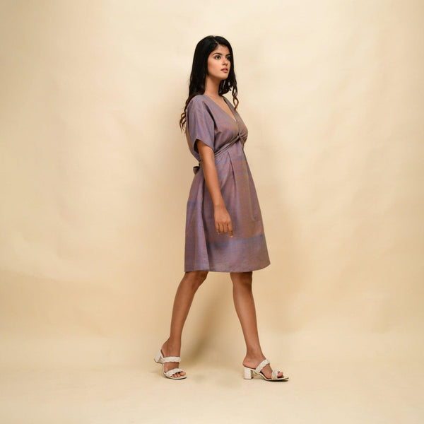 Right View of a Model wearing Vintage Plum 100% Cotton Khadi Blouson Dress