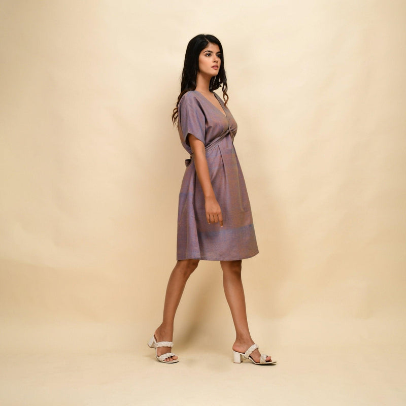 Right View of a Model wearing Vintage Plum 100% Cotton Khadi Blouson Dress