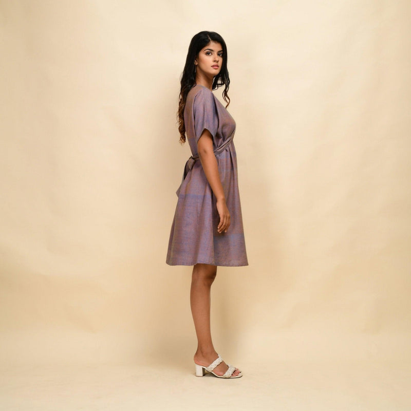 Right View of a Model wearing Vintage Plum 100% Cotton Khadi Blouson Dress