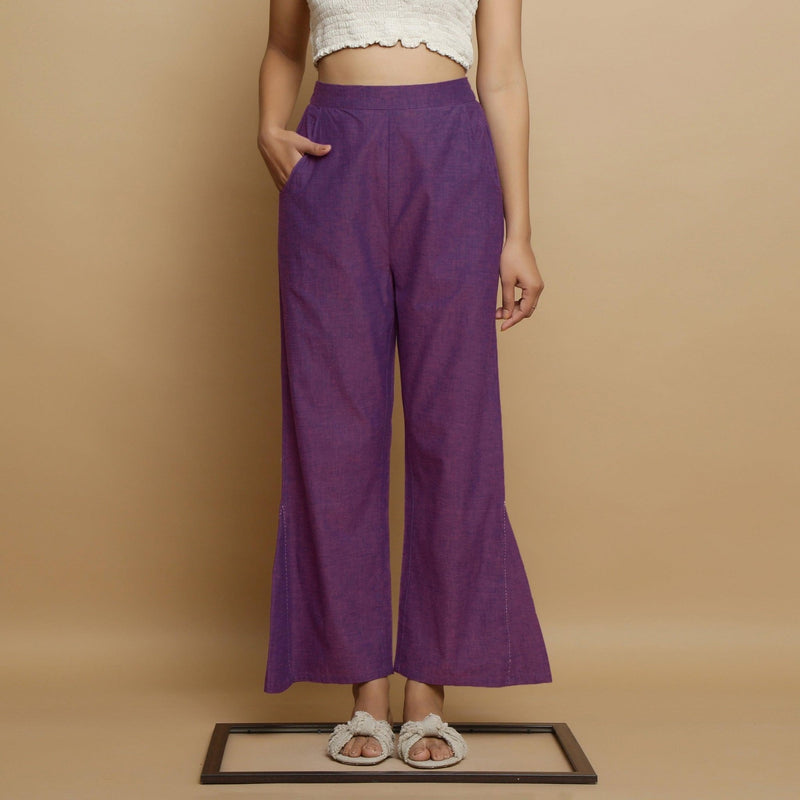 Front View of a Model wearing Violet Yarn Dyed Cotton Elasticated Mid-Rise Godet Pant