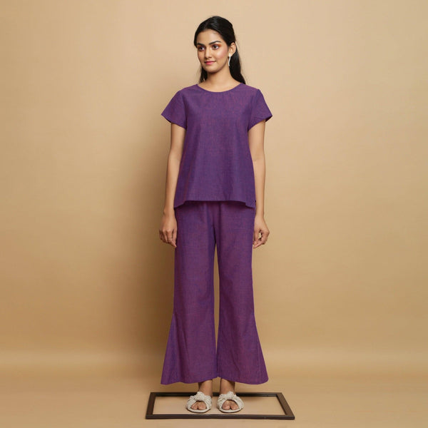 Front View of a Model wearing Violet Godet Cotton Top and Elasticated Godet Pant Co-ord Set