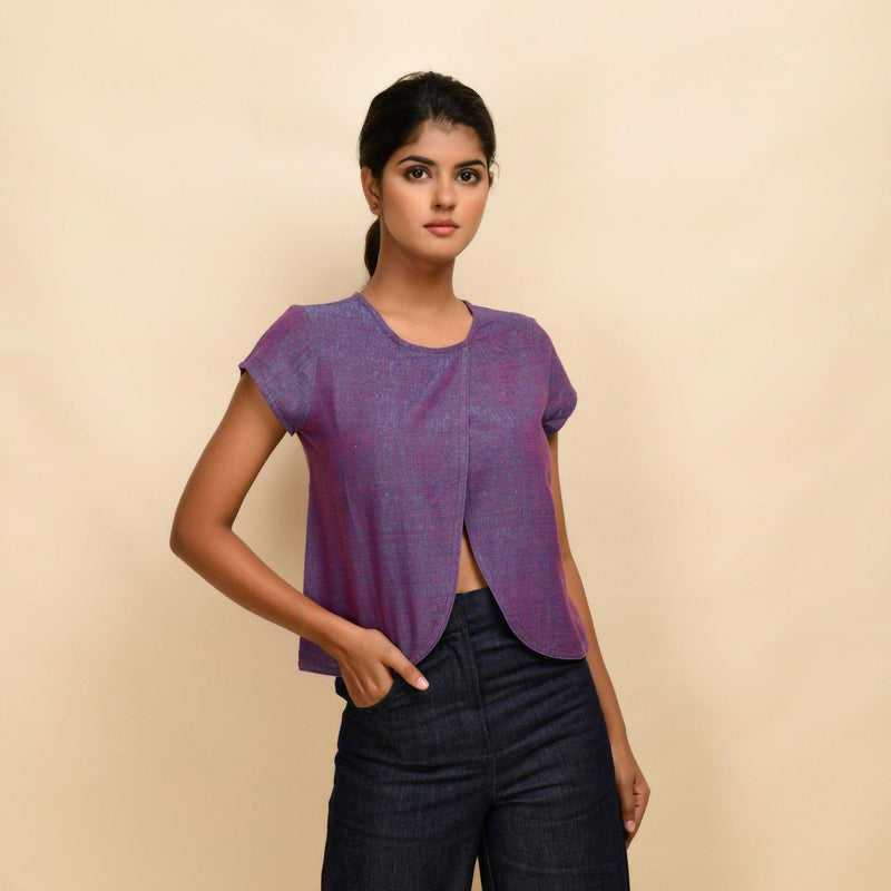 Front View of a Model wearing Violet 100% Cotton Khadi Asymmetrical Crop Top