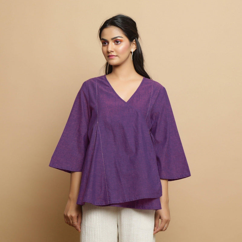 Front View of a Model wearing Handspun Cotton Violet Asymmetrical Top