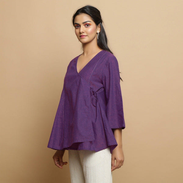 Left View of a Model wearing Handspun Cotton Violet Asymmetrical Top