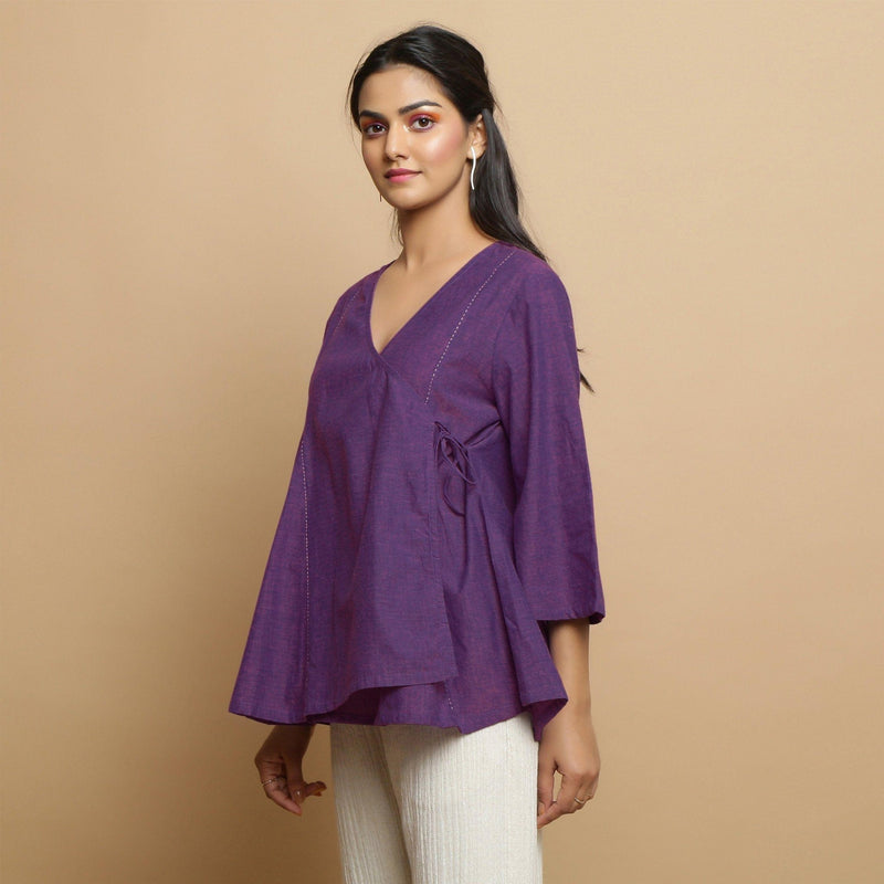 Left View of a Model wearing Handspun Cotton Violet Asymmetrical Top