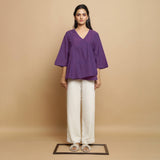 Front View of a Model wearing Handspun Cotton Violet Asymmetrical Top