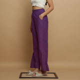 Left View of a Model wearing Violet Handspun Cotton Straight Godet Pant