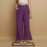 Front View of a Model wearing Violet Handspun Cotton Straight Godet Pant