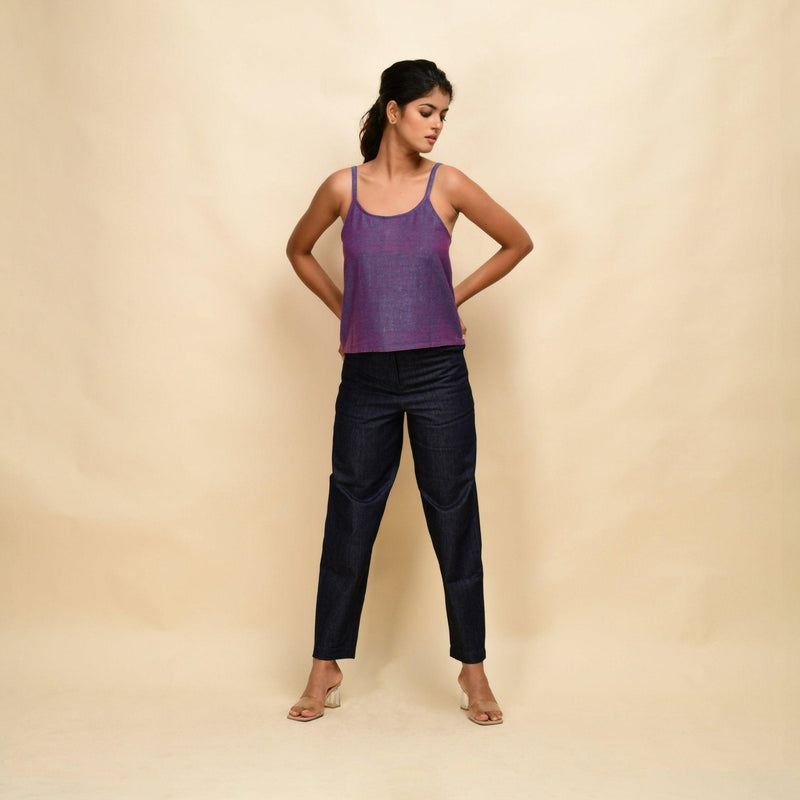 Front View of a Model wearing Violet 100% Cotton Round Neck Spaghetti Top