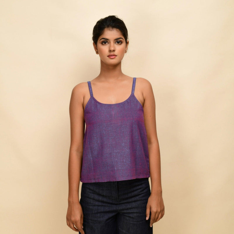 Front View of a Model wearing Violet 100% Cotton Round Neck Spaghetti Top