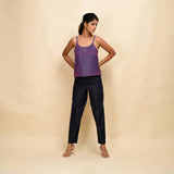 Front View of a Model wearing Violet Yarn Dyed Handspun Cotton Round Neck Spaghetti Top