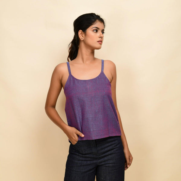 Front View of a Model wearing Violet 100% Cotton Round Neck Spaghetti Top