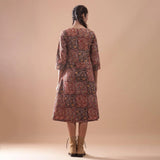 Back View of a Model wearing Warm Block Printed Muddy Red Cotton Midi Dress