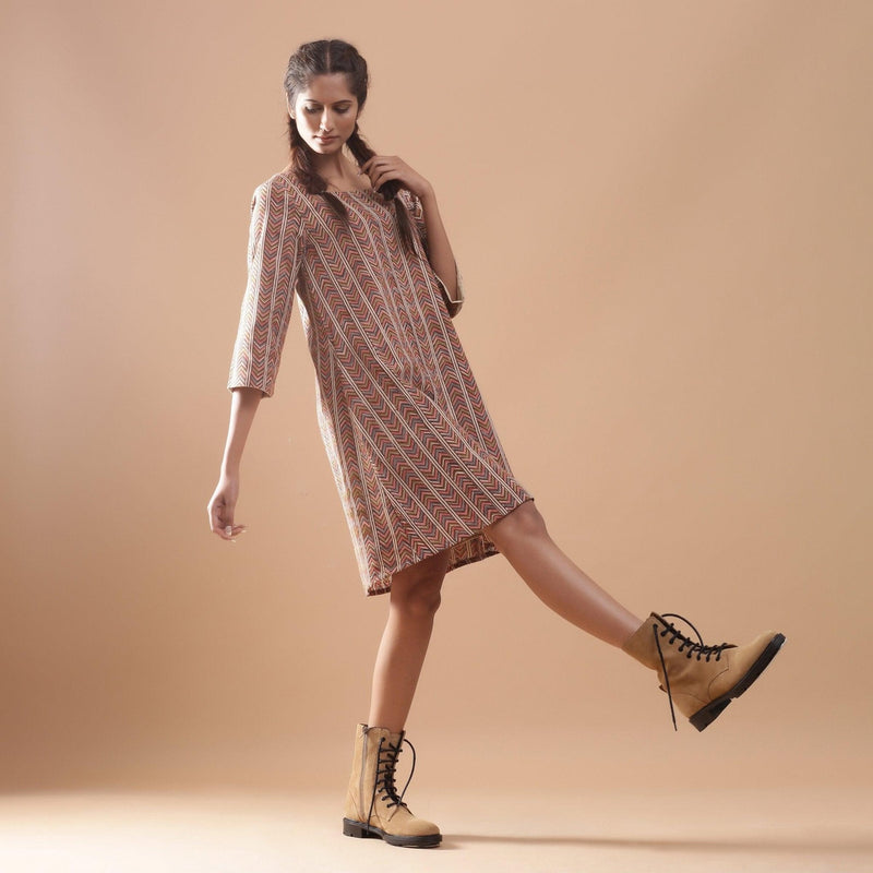 Right View of a Model wearing Warm Kalamkari StrIped A-Line Dress