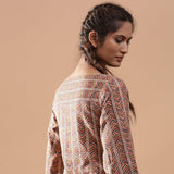 Right View of a Model wearing Warm Kalamkari StrIped A-Line Dress