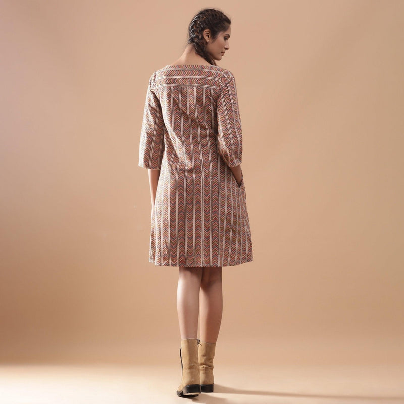 Back View of a Model wearing Warm Kalamkari StrIped A-Line Dress