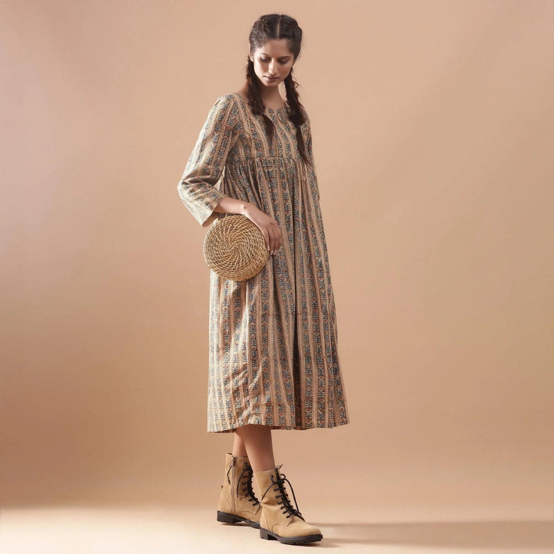 Warm Kalamkari Block Printed Cotton Midi Dress Warm Kalamkari Block Printed Cotton Midi Dress