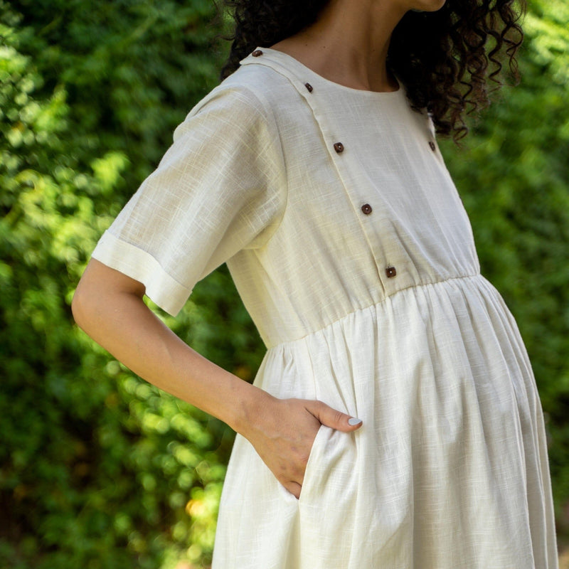 White 100% Cotton Button-Down Knee Length Pre and Post Maternity Dress