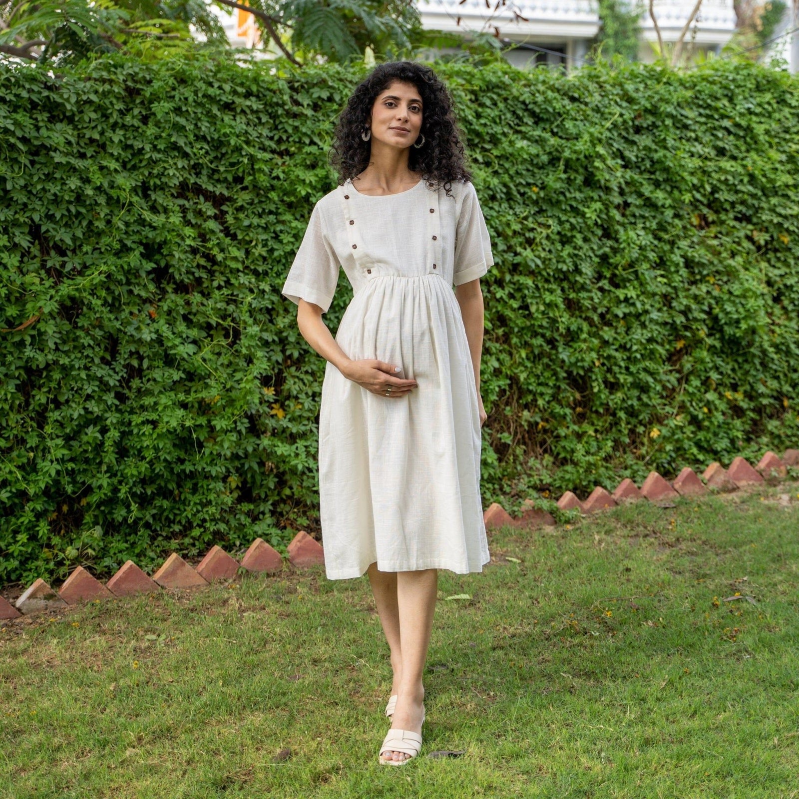 White 100% Cotton Button-Down Knee Length Pre and Post Maternity Dress 40