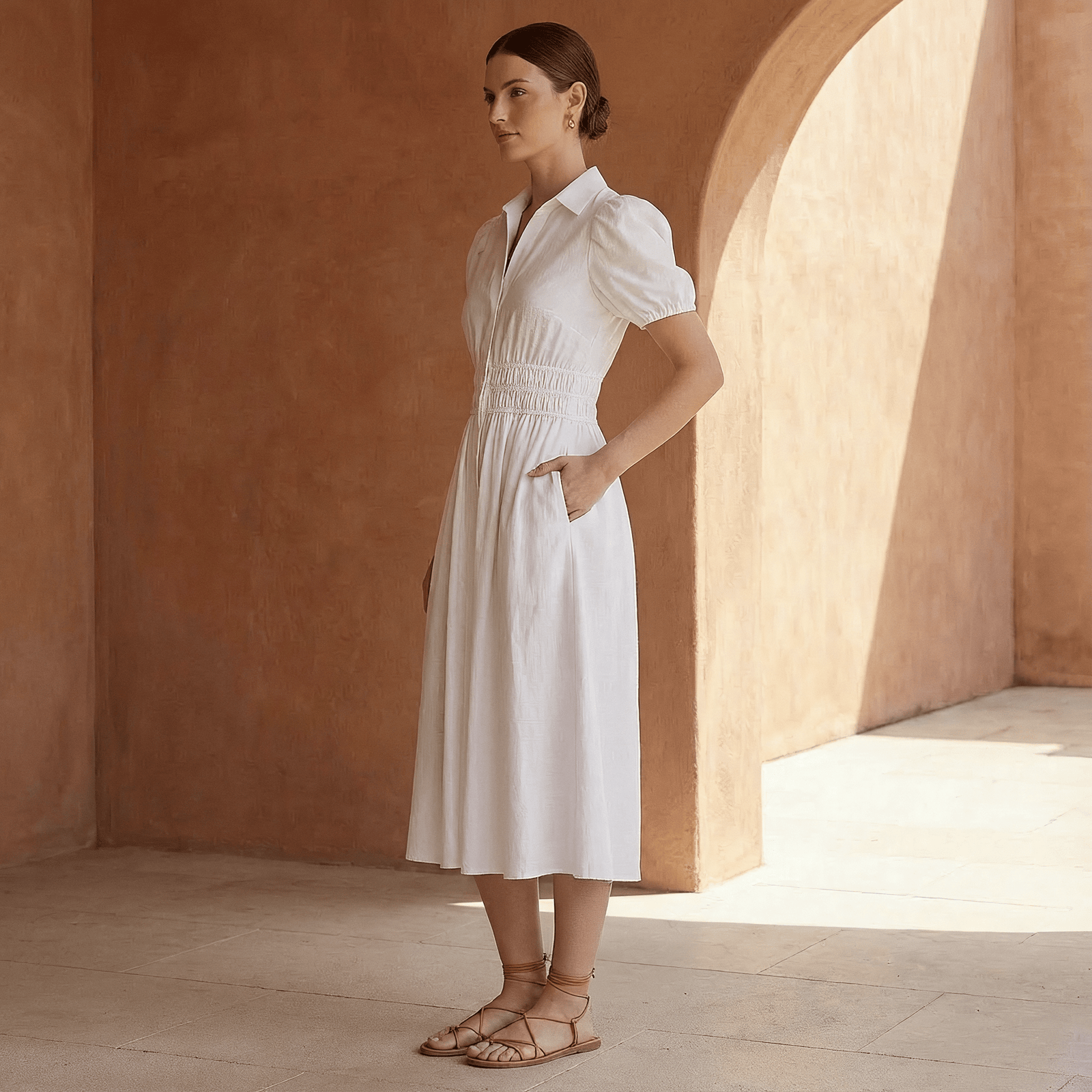 White 100% Cotton Button-Down Midi Shirt Dress 42