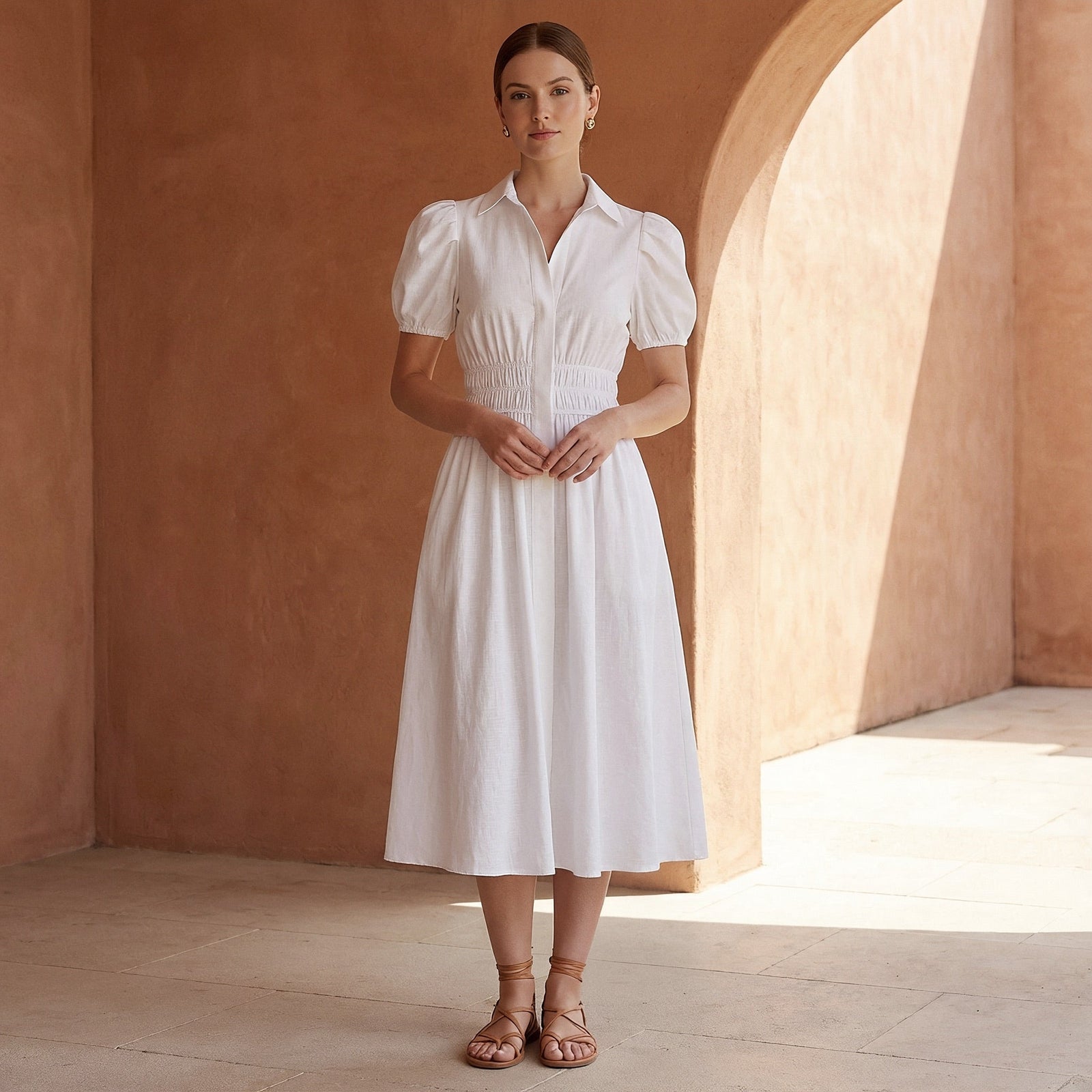 White 100% Cotton Button-Down Midi Shirt Dress 42