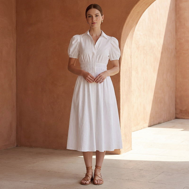knee length dresses for ladies White 100% Cotton Button-Down Midi Shirt Dress 42