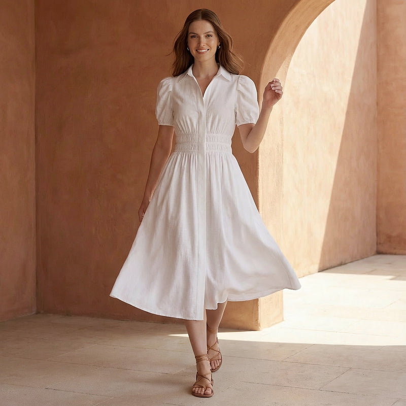 knee length dresses for ladies White 100% Cotton Button-Down Midi Shirt Dress 42