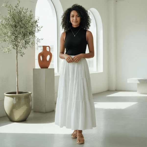White 100% Cotton Elasticated Maxi Tier Skirt