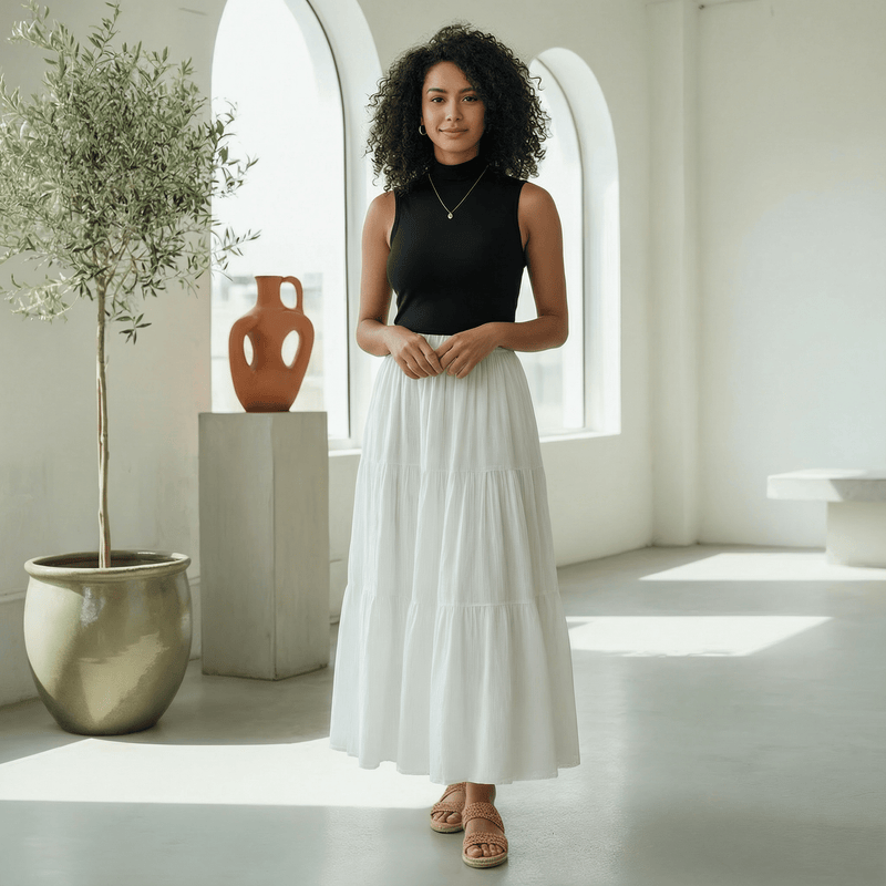 White 100% Cotton Elasticated Maxi Tier Skirt